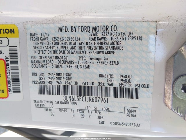 3LN6L5EC1JR607961 Lincoln 3.0l W/prem