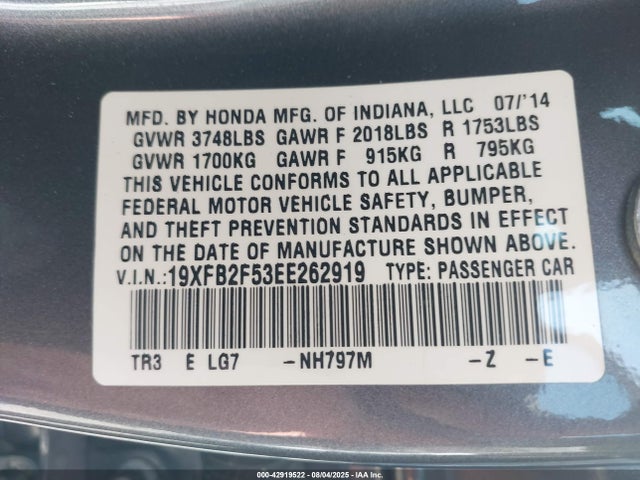 Honda r18z1 2014 19XFB2F53EE262919 Image 9