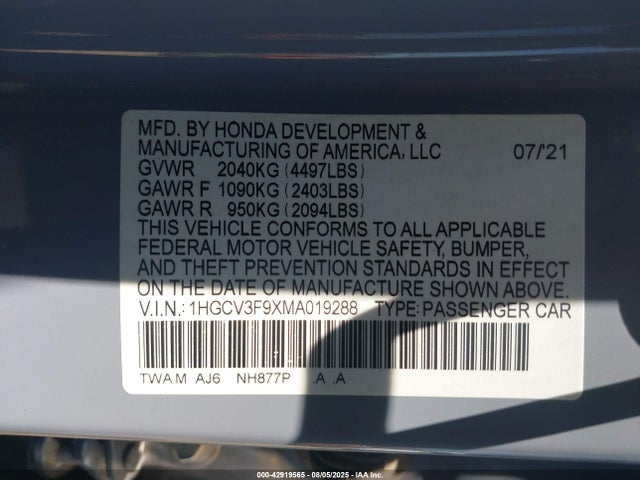 1HGCV3F9XMA019288 Honda lfb2