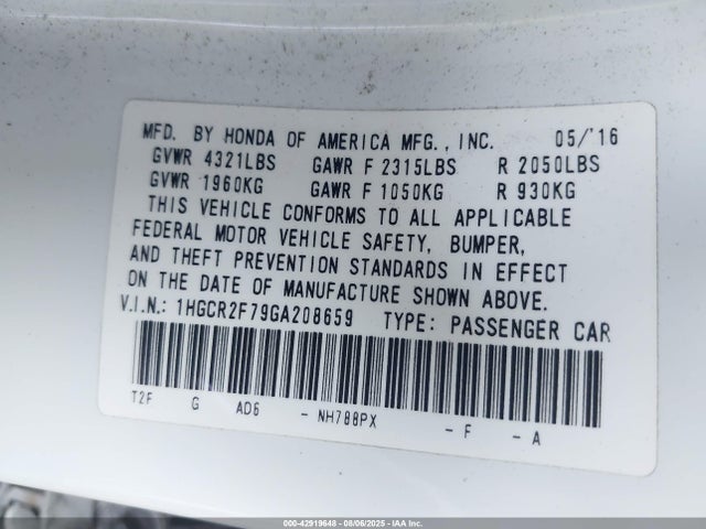 1HGCR2F79GA208659 Honda k24w1