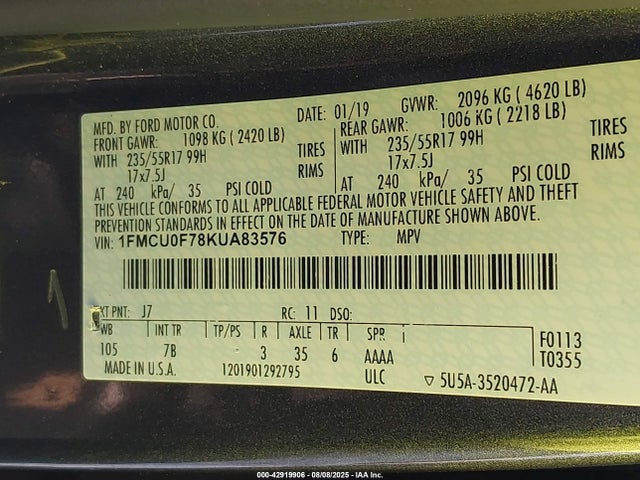 Ford 2.5l i-vct 2019 1FMCU0F78KUA83576 Image 9