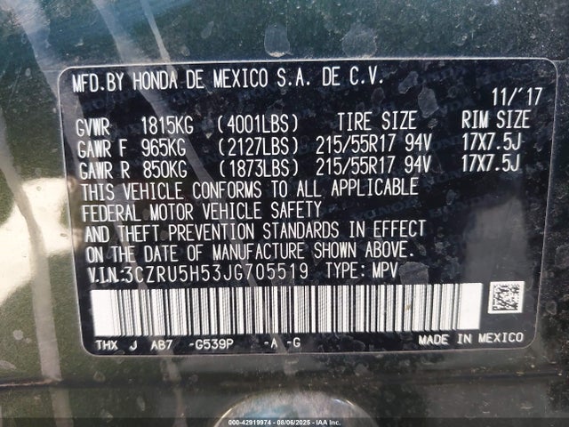 3CZRU5H53JG705519 Honda r18z9