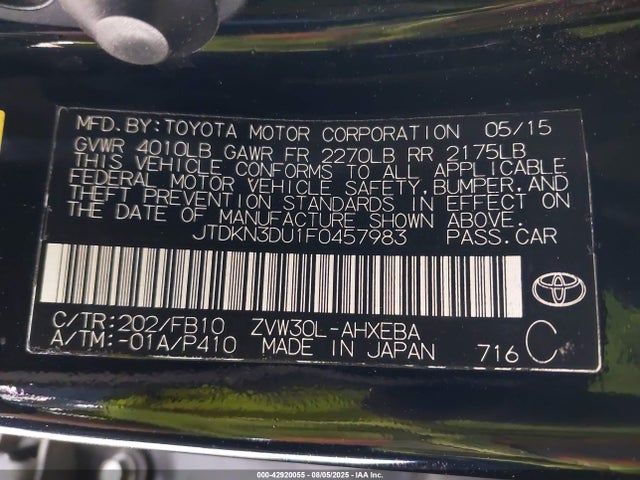 Toyota 2zr-fxe+3jm 2015 JTDKN3DU1F0457983 Image 9