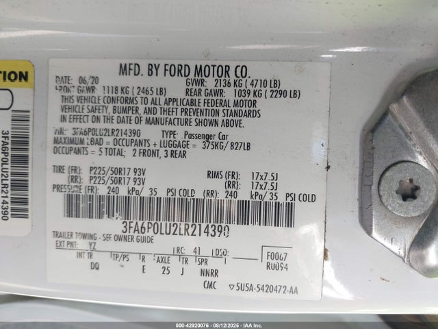 Ford 2.0l 4v atk hev 2020 3FA6P0LU2LR214390 Image 9