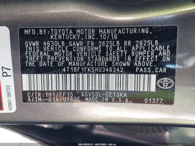 Toyota 2ar-fe 2017 4T1BF1FK5HU346342 Image 9