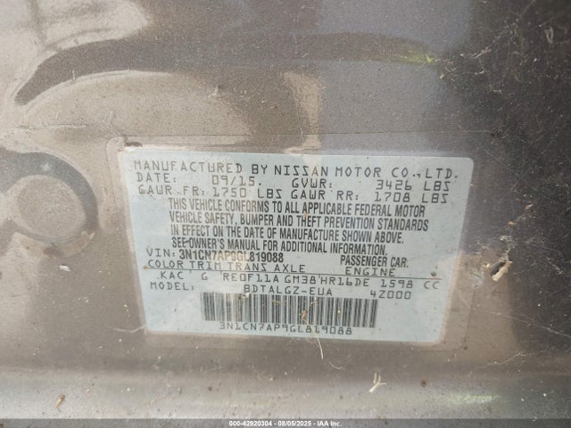 3N1CN7AP9GL819088 Nissan 2016