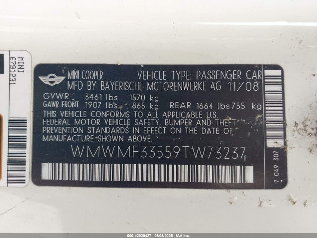 2009 MINI COOPER WMWMF33559TW73237 Photo 8