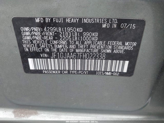 JF1GJAA67FH022338 Subaru 2.0l na