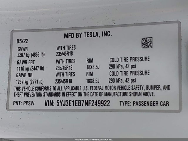 2022 TESLA MODEL 3 5YJ3E1EB7NF249922 Photo 8