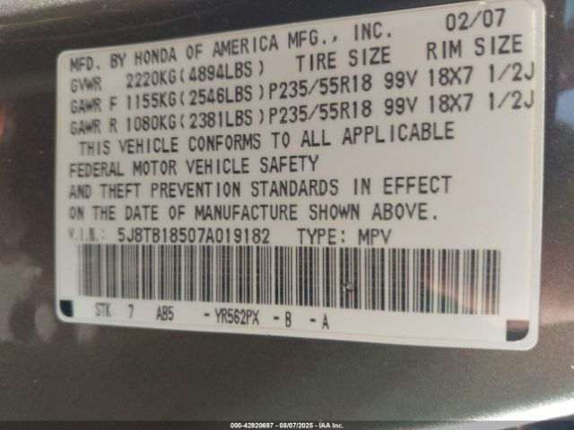 2007 ACURA RDX 5J8TB18507A019182 Photo 8