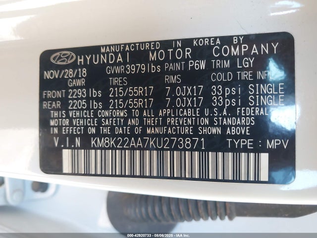 KM8K22AA7KU273871 Hyundai mpi nu