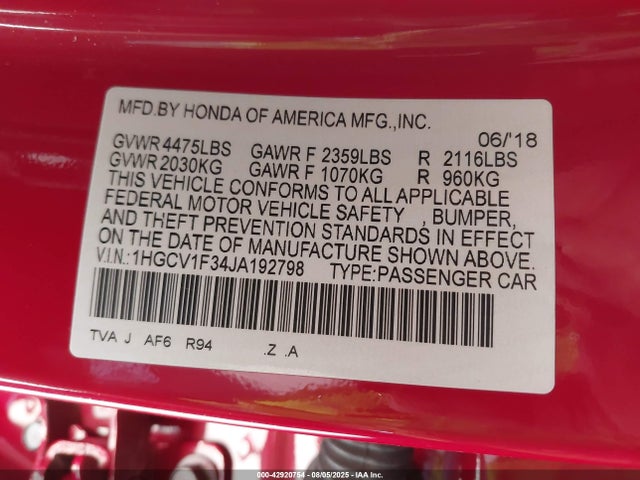 1HGCV1F34JA192798 Honda l15be