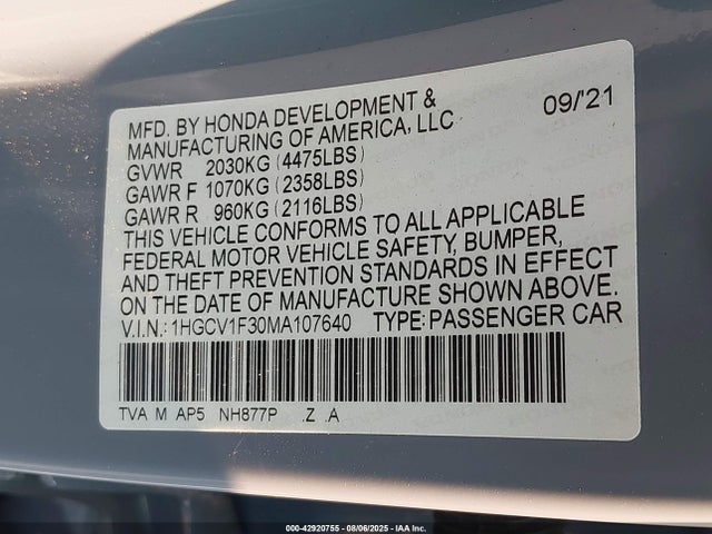 1HGCV1F30MA107640 Honda l15be