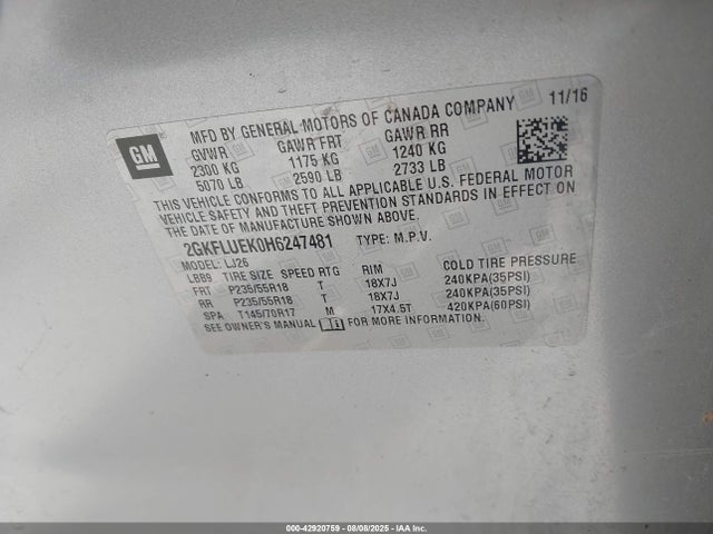 GMC lea - sidi: spark ignited direct injection, e85 max, alum 2017 2GKFLUEK0H6247481 Image 9