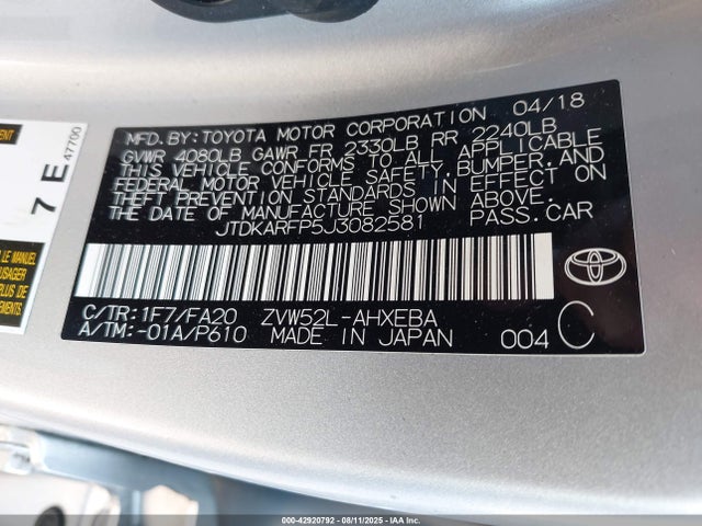Toyota 2zr-fxe+1nm 2018 JTDKARFP5J3082581 Image 9