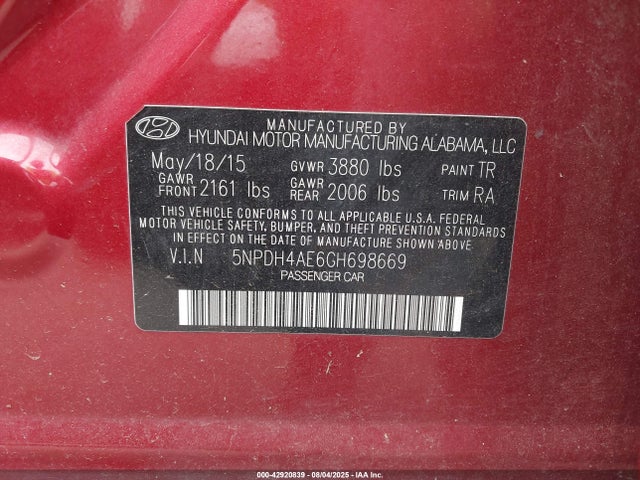Hyundai dohc mpi nu 2016 5NPDH4AE6GH698669 Image 9