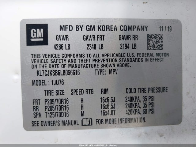 KL7CJKSB6LB056616 Chevrolet luv - mfi, variable valve timing, e85 max, alum