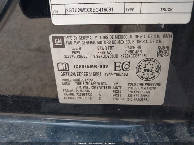 3GTU2WEC8EG416091 GMC l83 - vvt, afm (active fuel management), aluminum