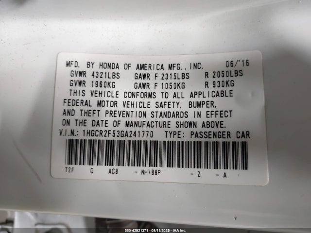 1HGCR2F53GA241770 Honda k24w1