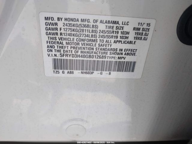 2016 ACURA MDX 5FRYD3H40GB012689 Photo 8