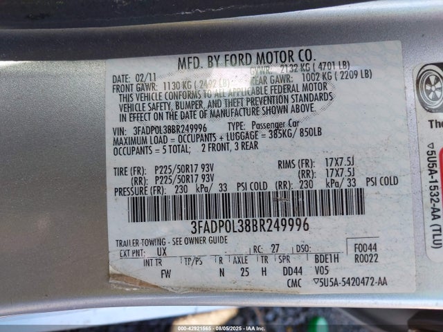 42921565 :رقم المزاد ، 3FADP0L38BR249996 vin ، 2011 Ford Fusion Hybrid مزاد بيع
