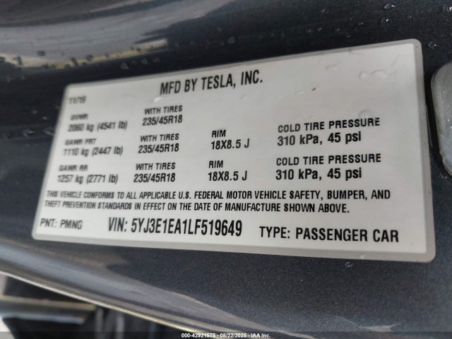 2020 TESLA MODEL 3 5YJ3E1EA1LF519649 Photo 8