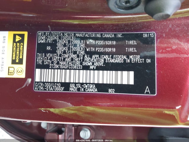 Lexus 2gr-fe 2015 2T2BK1BA0FC338233 Image 9