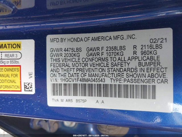 1HGCV1F48MA045543 Honda l15be