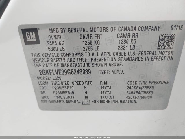 GMC lfx - sidi, vvt, e85 max, aluminum 2016 2GKFLVE39G6248089 Image 9