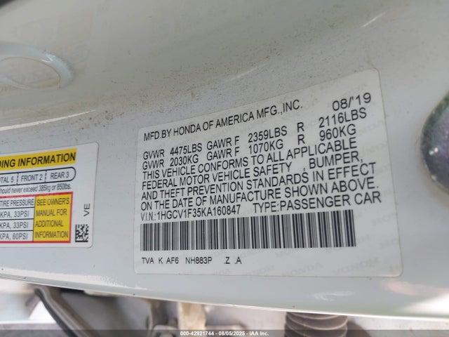 1HGCV1F35KA160847 Honda l15be