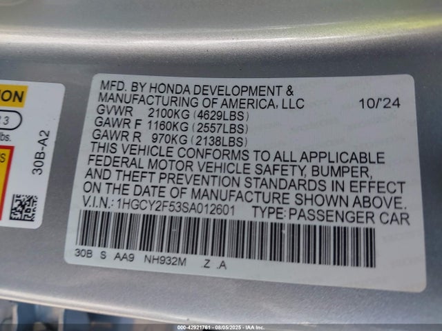 Honda lfc5 2025 1HGCY2F53SA012601 Image 9