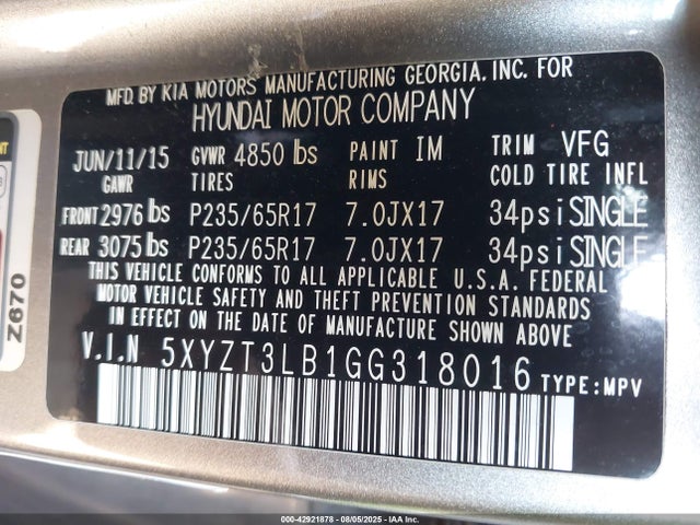 5XYZT3LB1GG318016 Hyundai gdi theta ii