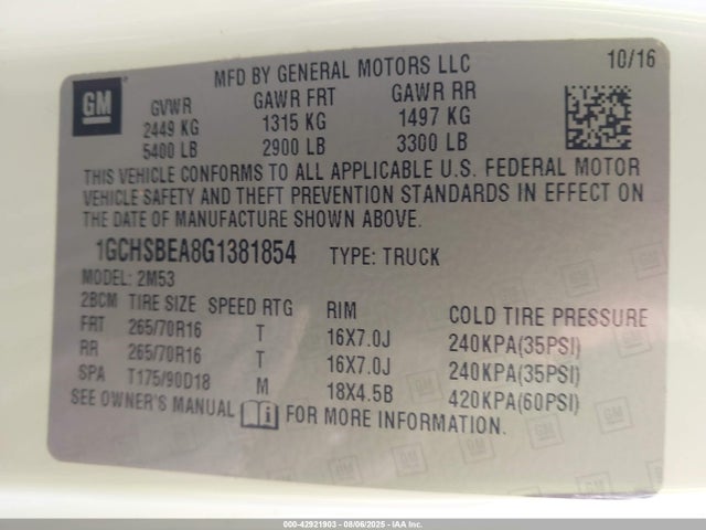 1GCHSBEA8G1381854 Chevrolet lcv - sidi; dcvcp; vvt; e85 max, e0-e100, alum