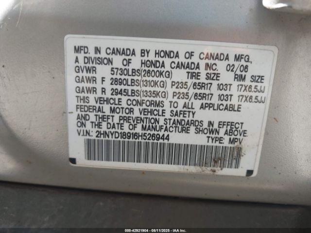 2006 ACURA MDX 2HNYD18916H526944 Photo 8