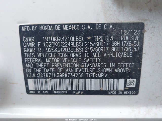 3CZRZ1H39RM734268 Honda k20z5