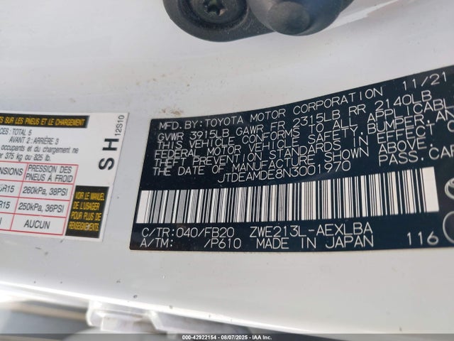 Toyota 2zr-fxe, 1nm 2022 JTDEAMDE8N3001970 Image 9