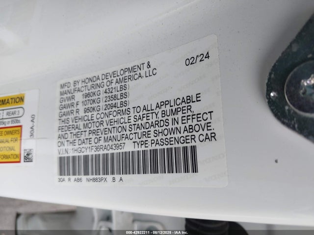 1HGCY1F36RA043957 Honda l15be