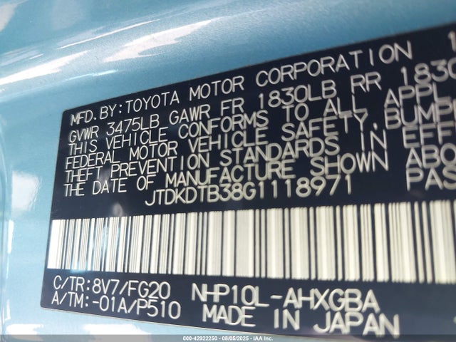 JTDKDTB38G1118971 Toyota 1nz-fxe+1lm