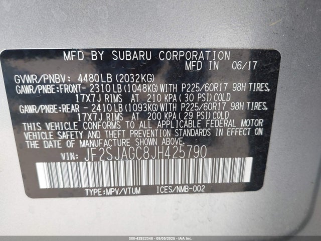 Subaru naturally aspirated u5 2018 JF2SJAGC8JH425790 Image 9