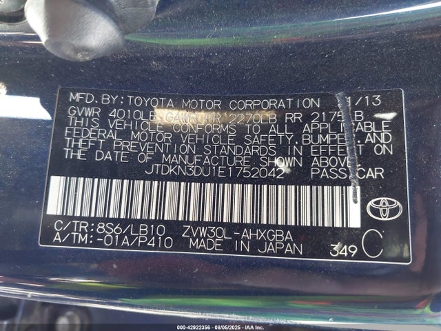 Toyota 2zr-fxe+3jm 2014 JTDKN3DU1E1752042 Image 9