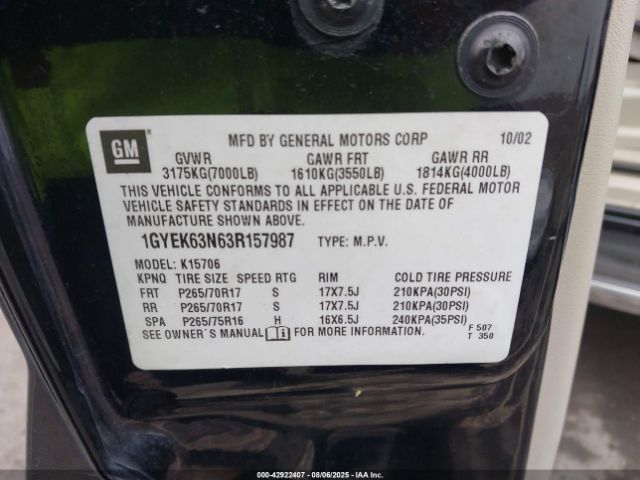 2003 CADILLAC ESCALADE 1GYEK63N63R157987 Photo 8