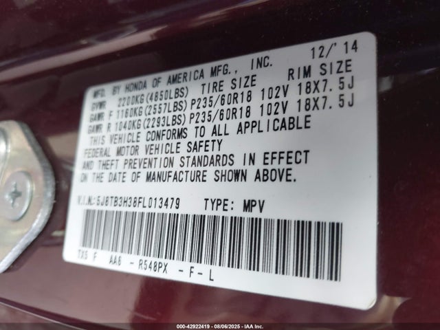 Acura j35z2 2015 5J8TB3H38FL013479 Image 9