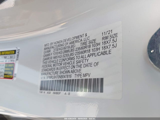 5FNRL6H70NB047816 Honda j35y7