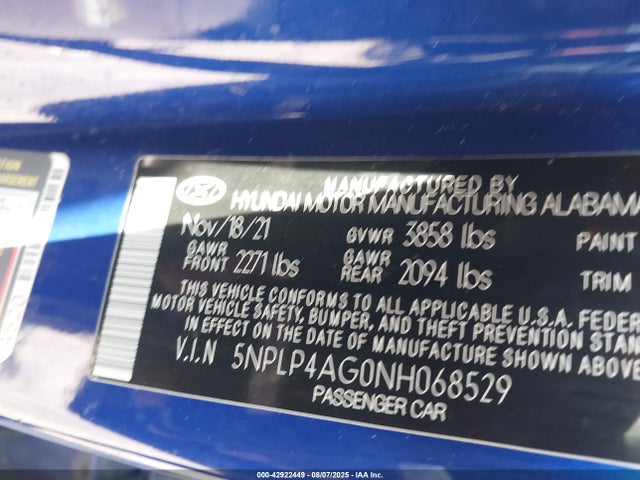 5NPLP4AG0NH068529 Hyundai mpi nu pe