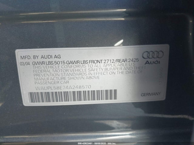 2004 AUDI S4 WAUPL58E74A248570 Photo 8