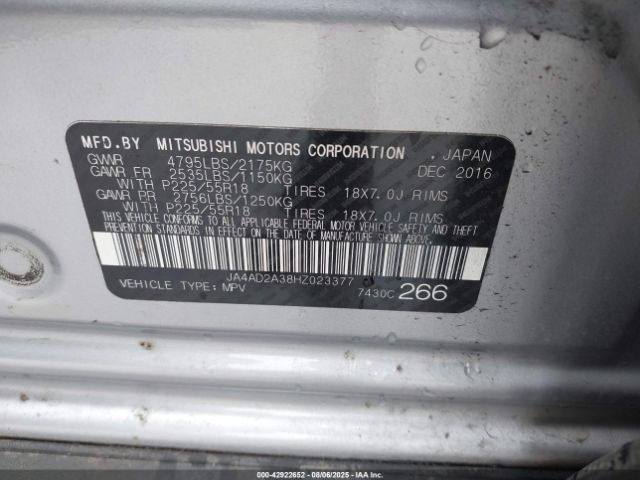 2017 MITSUBISHI OUTLANDER JA4AD2A38HZ023377 Photo 8