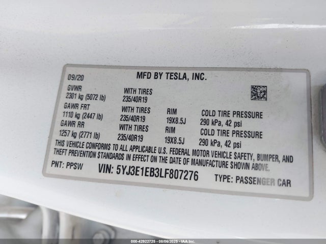 2020 TESLA MODEL 3 5YJ3E1EB3LF807276 Photo 8