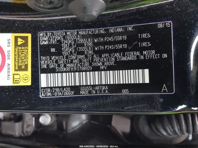 Toyota 2gr-fe 2015 5TDDKRFH1FS198929 Image 9