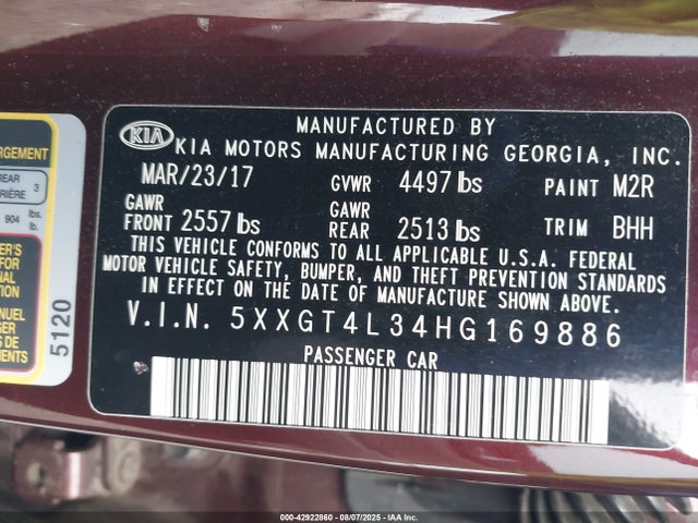 5XXGT4L34HG169886 KIA g 2.4 dohc gdi