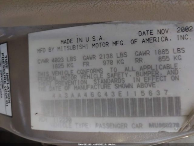 2003 MITSUBISHI GALANT 4A3AA46G43E115637 Photo 8